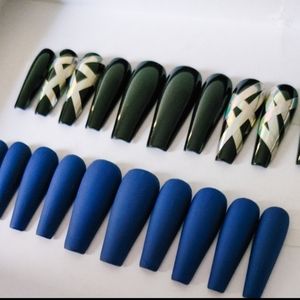 Blue Black Long Coffin Press On Nails 2 Sets Fake Nails
